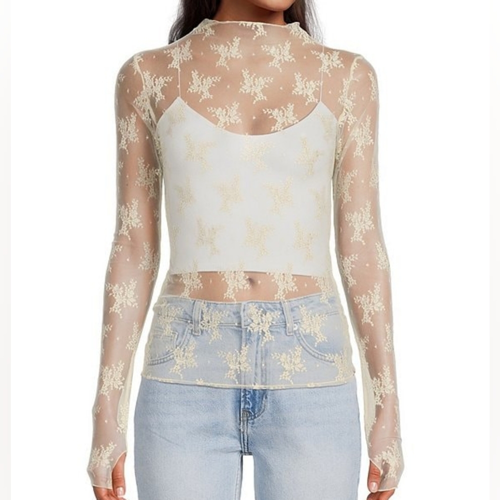 Free People Cream Sheer Lace Top
